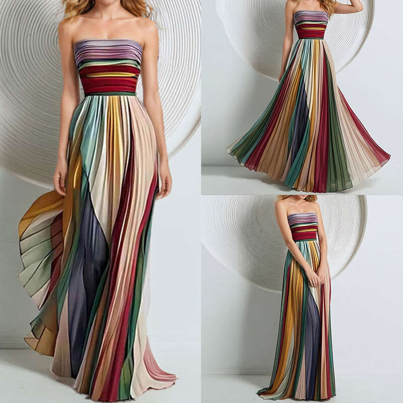 2026 Spring New Collection: Cross-Border European American Foreign Trade Women's Clothing - Elegant and Sexy Strapless Printed Colorful Formal Dr