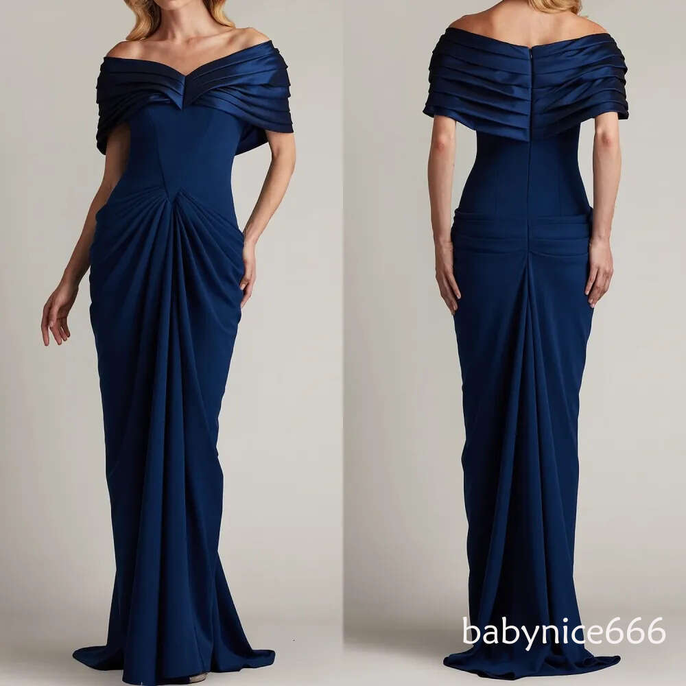 Modest Navy Blue Mermaid Mother of Bride Groom Dresses Elegant Off the Shoulder Pleats Column Long Women Formal Evening Party Gowns M27