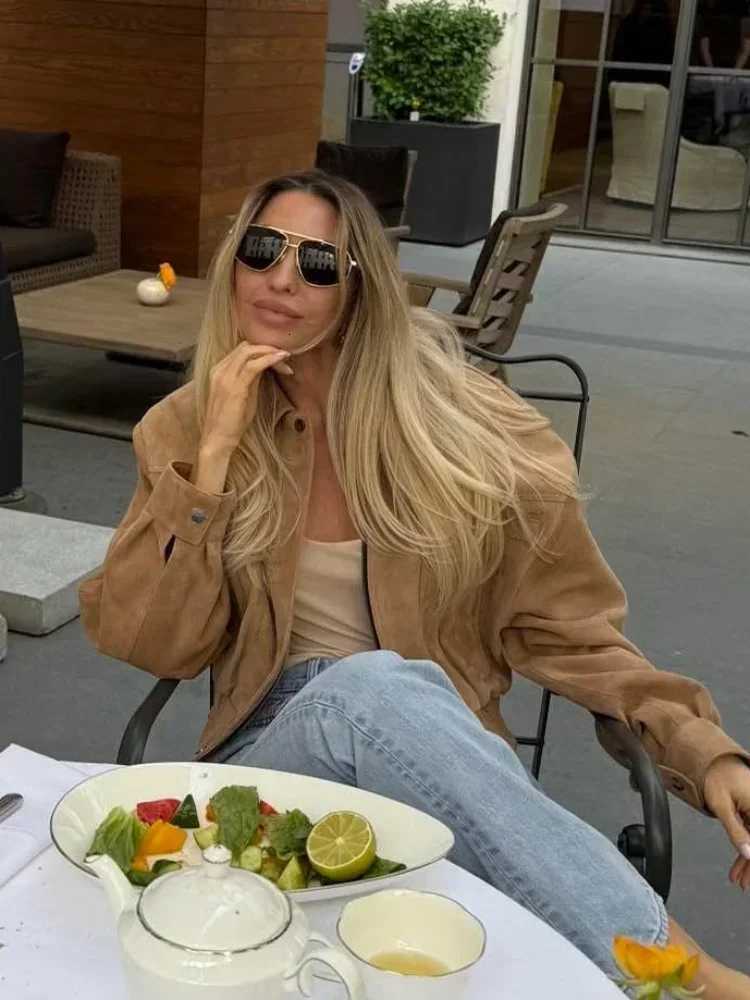 Womens Brown Suede Short Jackets Casual Lapel Zippered Full Sleeves Pocket Loose Short Coats 2025 Autumn Daily Commute OutwearT260328