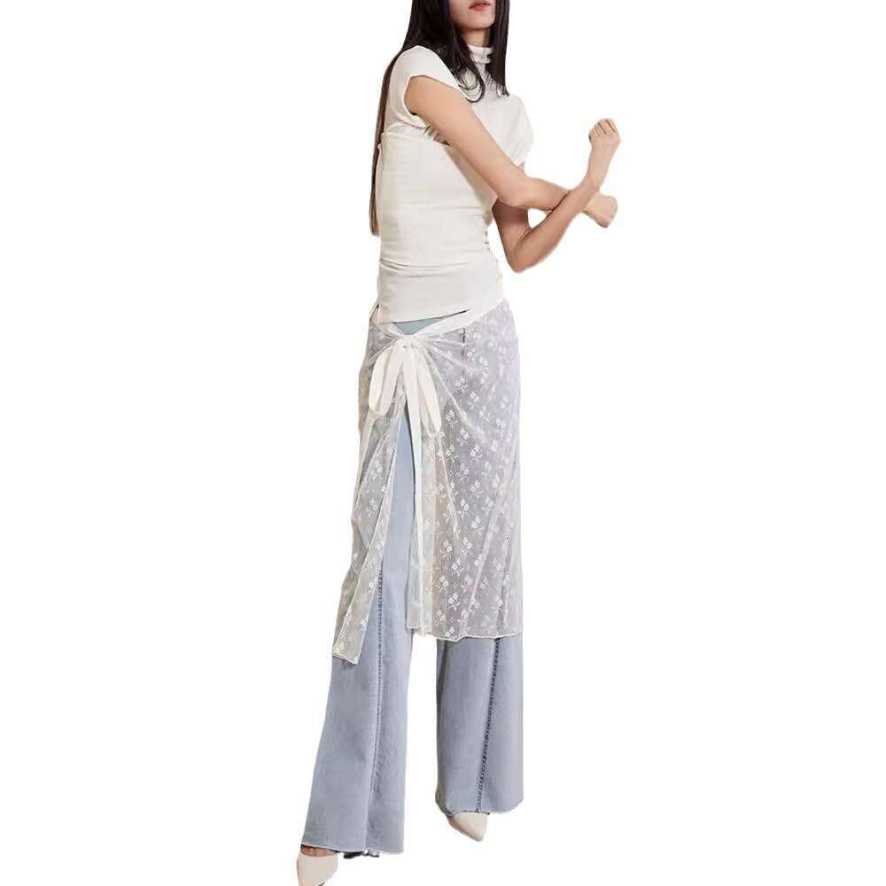 Lace-trimmed multi-layered novel trendy fashion irregular tie strap niche design versatile sequined black and white skirt