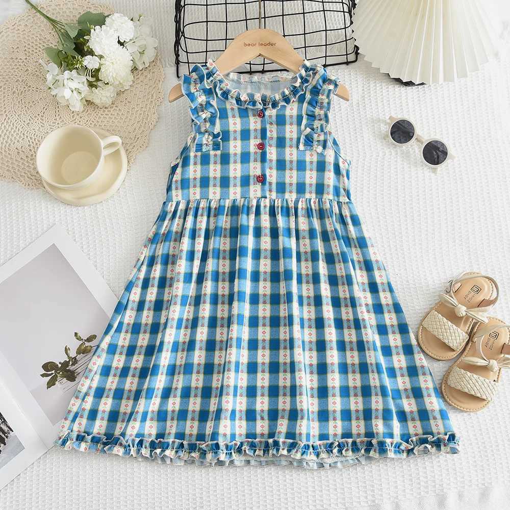 Bear Leader New Girls Flower Print Princess Dresses Wood Ear Edge Plaid Waistband Casual Kids Clothes Fashion Summer WearT260330