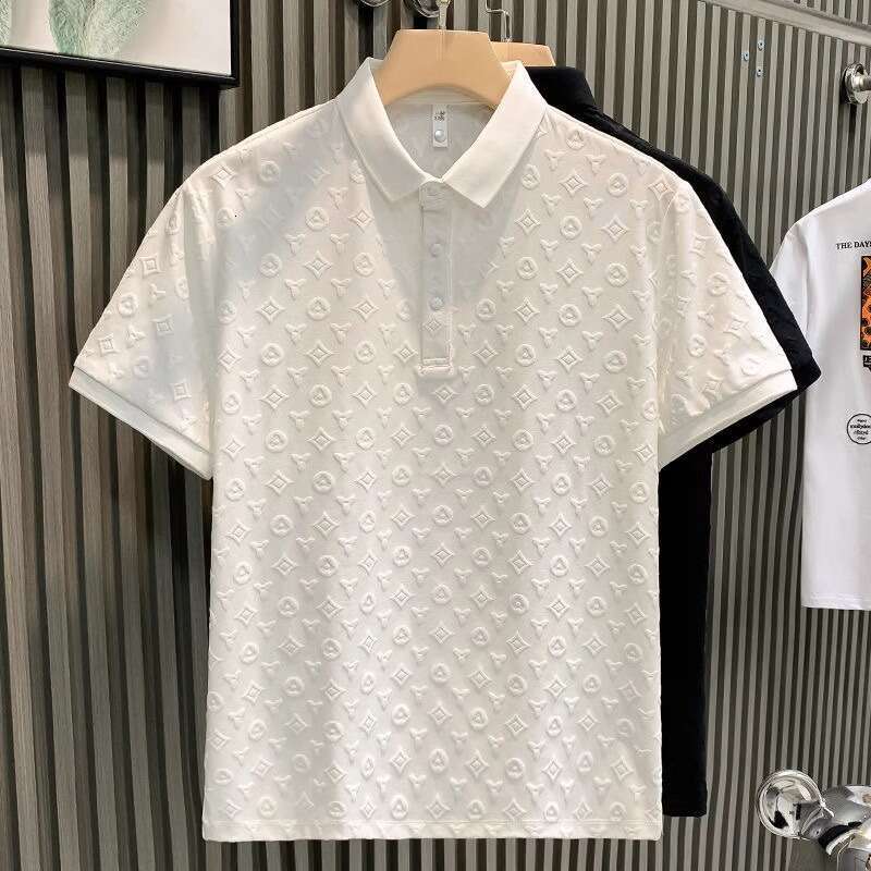 New Short Sleeve T-Shirt for Men Fashionable Light Luxury Jacquard Casual Youth Slim Fit Turn-Down Collar Base Shirt