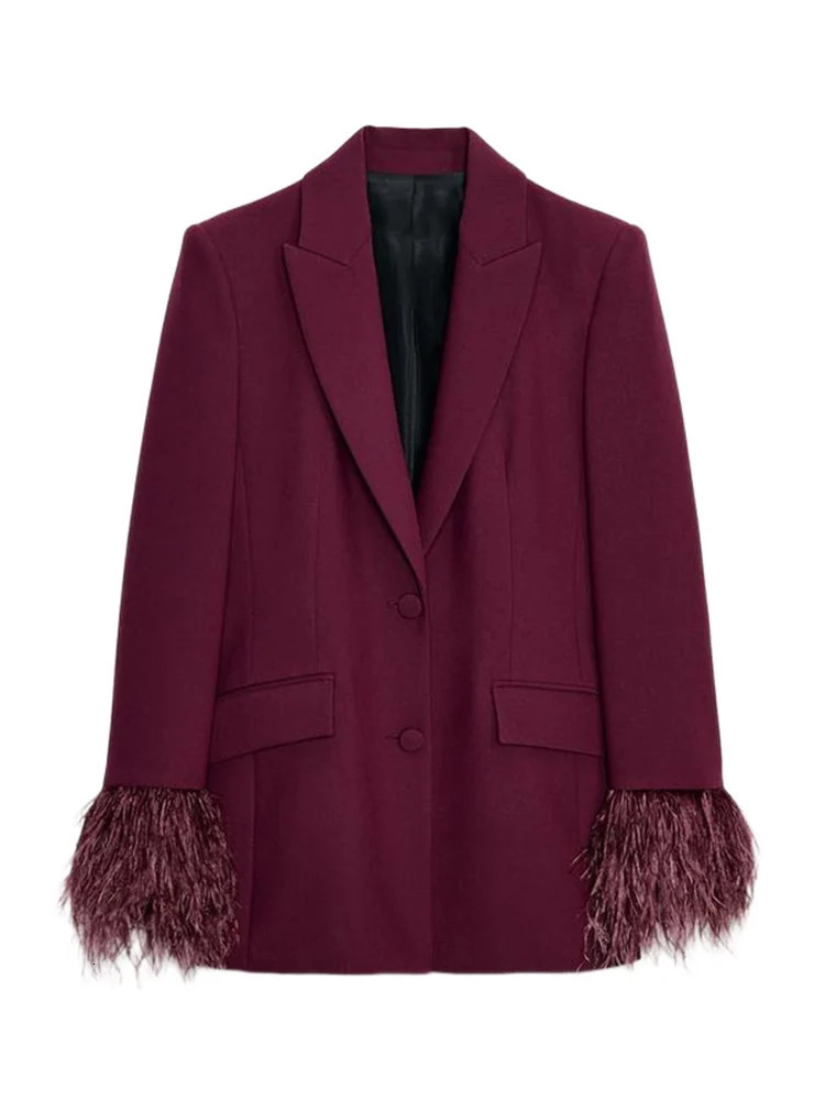 Elegant Feathers Women Blazer Pants Suit Lapel Button Coat Straight Wide Leg Trousers Lady Set 2026 Spring Female Outfits 260325
