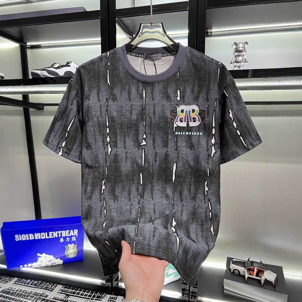 European high-end fashion printed ripped short-sleeve t-shirt for men, trendy brand, loose fit, luxury summer new men's half-sleeve shirt