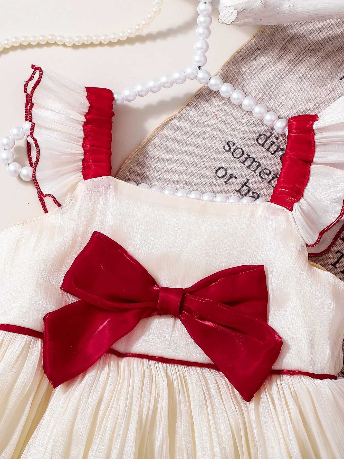 Summer New Arrival Girls Red And White Color Block Princess Dress with Large BowtieT260330