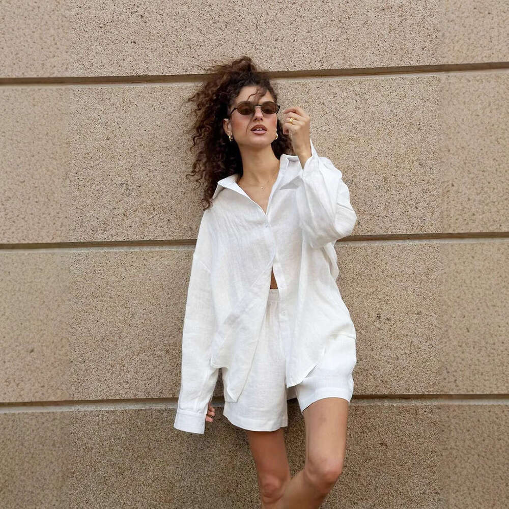 Cross-border long-sleeve cardigan shorts 2026 spring/summer wear simple solid color European and American style casual set