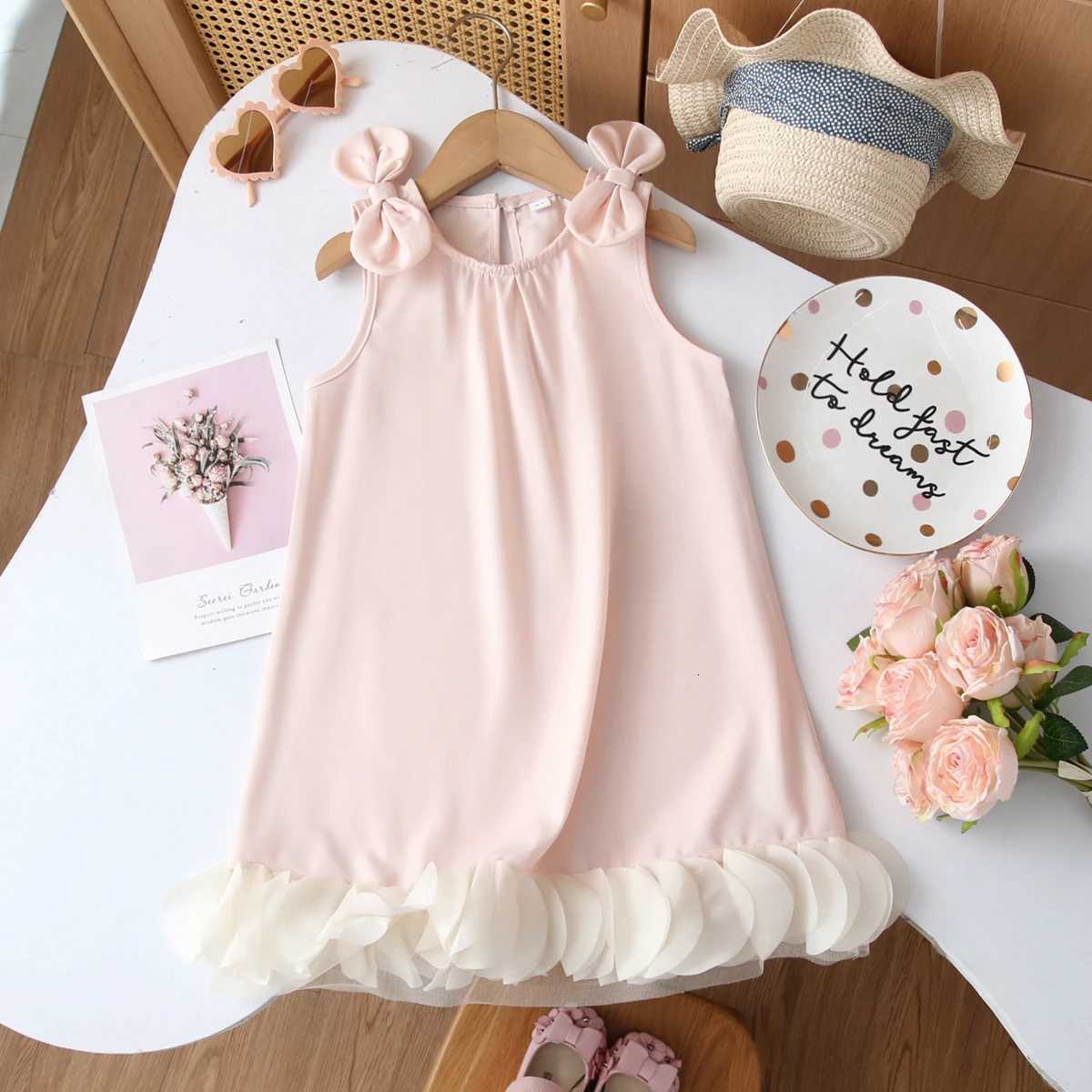 Kids Dresses for Girls Summer Casual Pink Bowknot Hem Round-piece Sleeveless Vest Dress Childrens Clothes Girl ClothesT260330