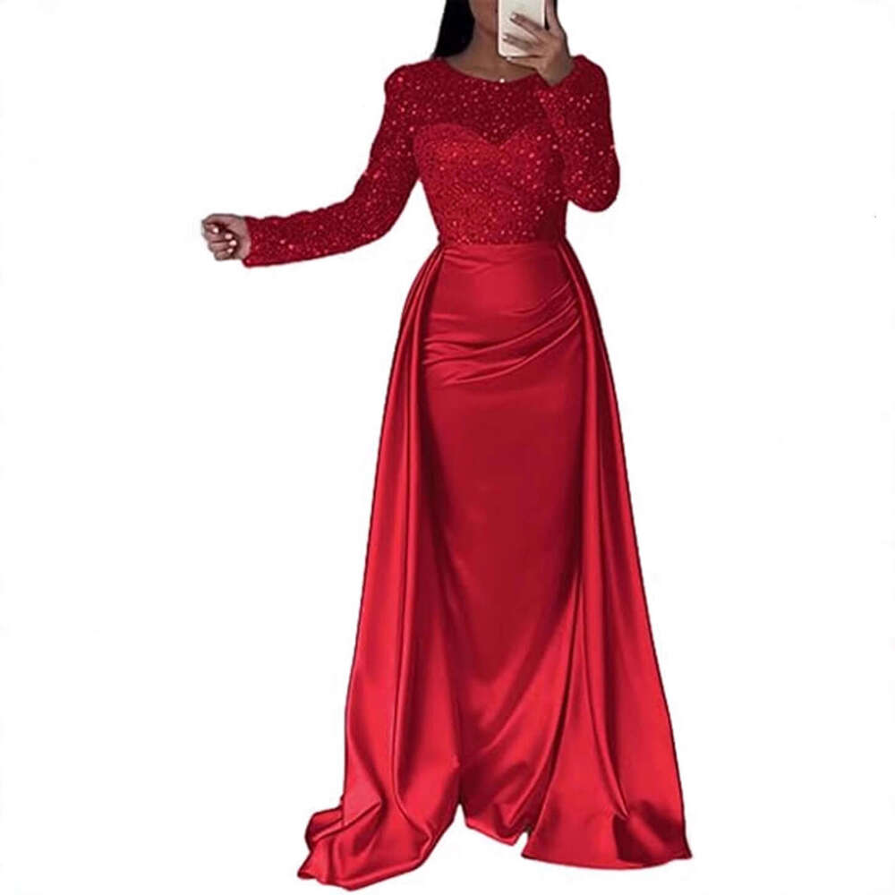 2026 European and American Cross-Border Women's Banquet Long Sleeve Elegant Socialite Annual Meeting Host Aura Queen Sequin Evening Dress