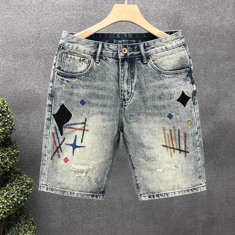 Luxury Clothing 2025 Embroidered Denim Shorts Ripped Mens Five-point Thin Trend Summer New Loose Short Cowboy Pants for Men H260330