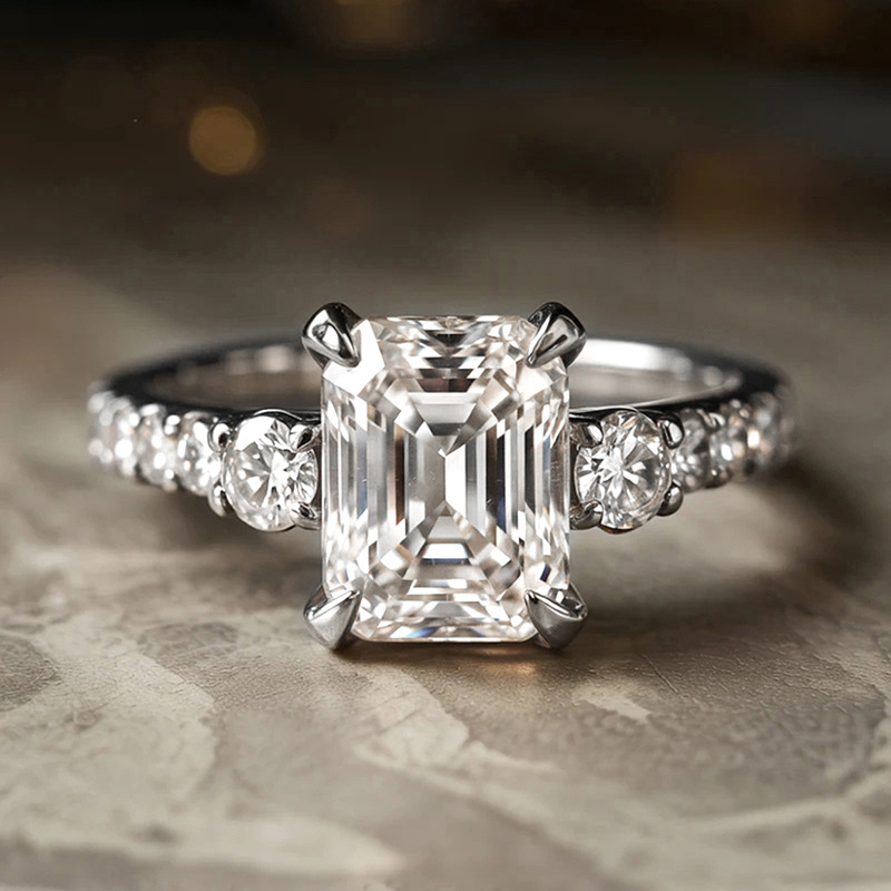 Classic Three Stone Princess Cut Ring 14k Gold Plated 5A Cubic Zirconia Engagement Ring Paved Band Wedding Promise Ring for Bridal Jewelry Gift Size 6