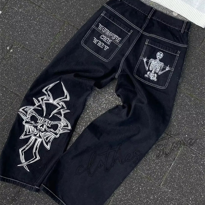 Street Fashion Trend Skull Embroidered Jeans Women Harajuku Y2K Hip Hop Joker Straight Wide-leg Pants Couple Casual Jeans 260327