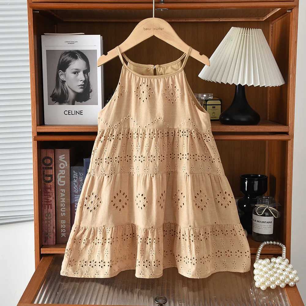 2026 Kids Clothing Korean Dress for Girls Solid Color Lace Hollow-out Suspenders Dresses Plain Cotton Girls Summer ClothesT260330