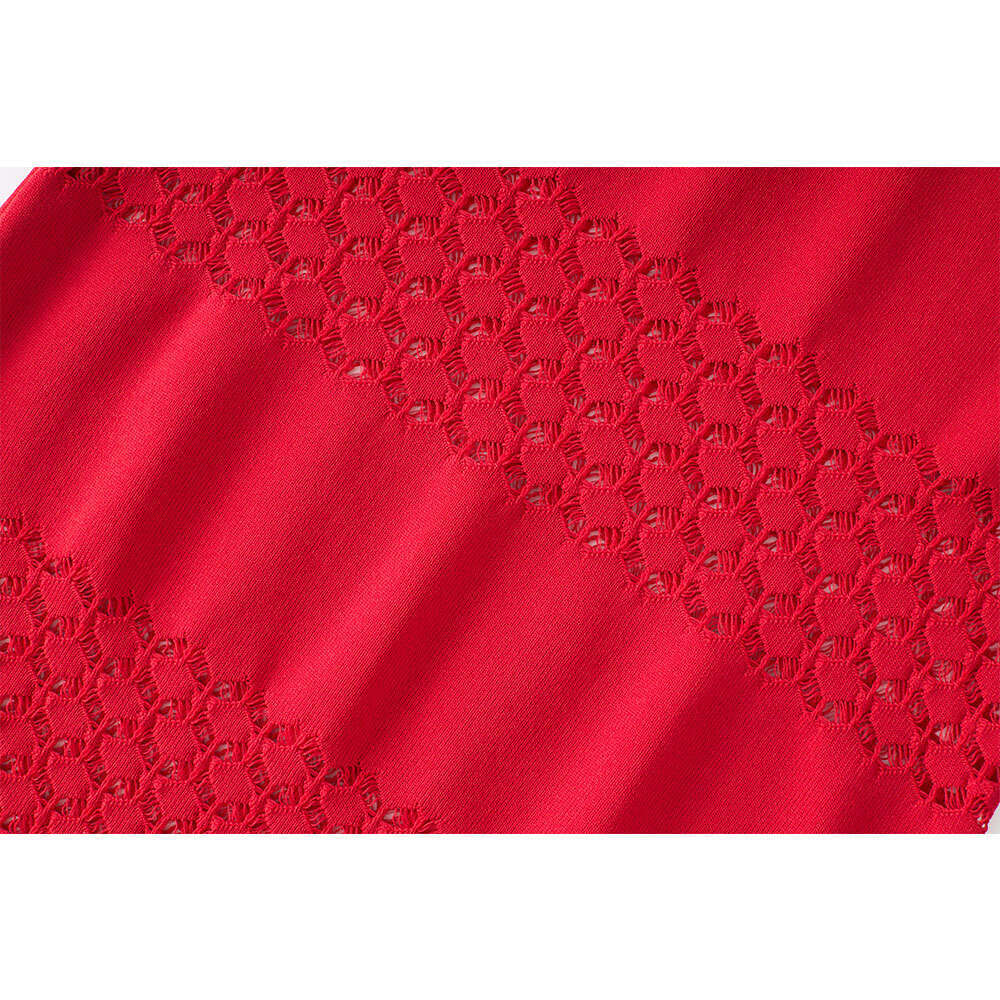 2026 Spring/Summer New q26 Designer Red Round Neck Knitted Hollow out Slimming Fishtail Dress
