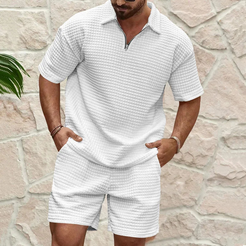 Olive Green Waffle Texture Mens Sets Half-Zip Polo Short Sleeve Shorts 2-Piece Suit Loose Casual Outfit 260324