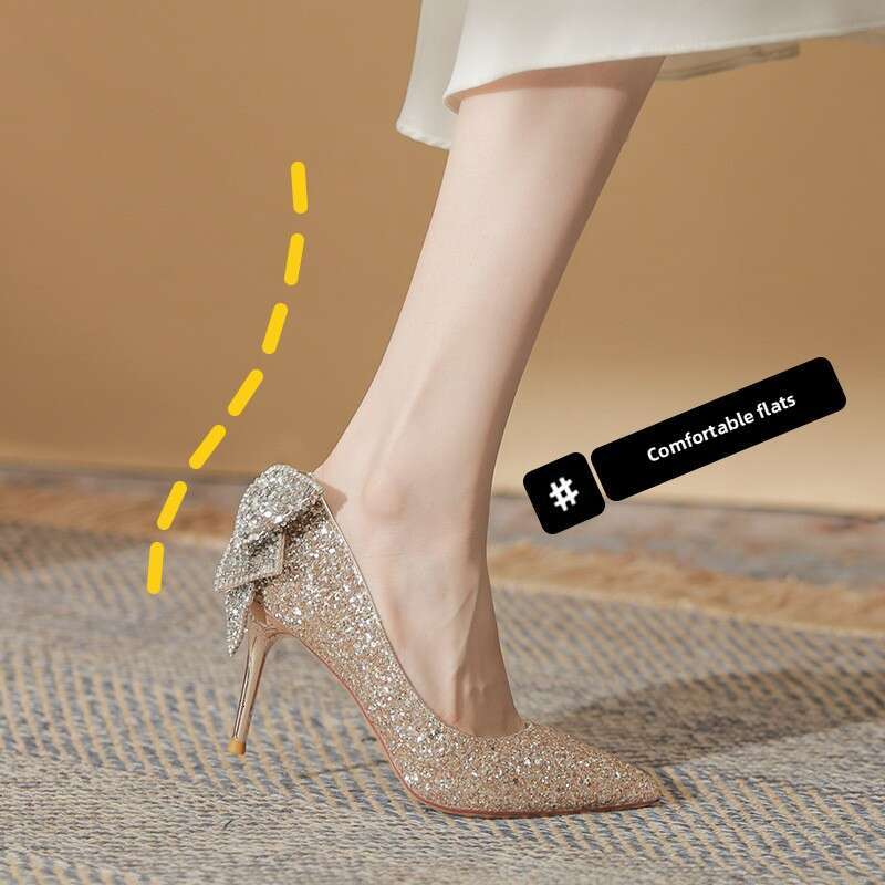 Women French Crystal Bow High Heels Elegant Socialite Party Xiuhe Sequin Bride Bridesmaid Shoes
