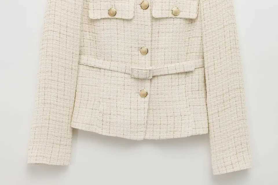 ETJ 2025 Womens Spring collection Vintage crewneck Fashion Gold button-up belt textured casual blazer for women jacketT260328