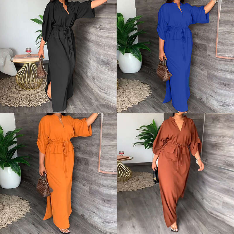 2026 Spring New Collection: Cross-Border European and American Foreign Trade Women's Clothing - Casual Commuting Solid Color V-Neck Tie Slim-Fit 