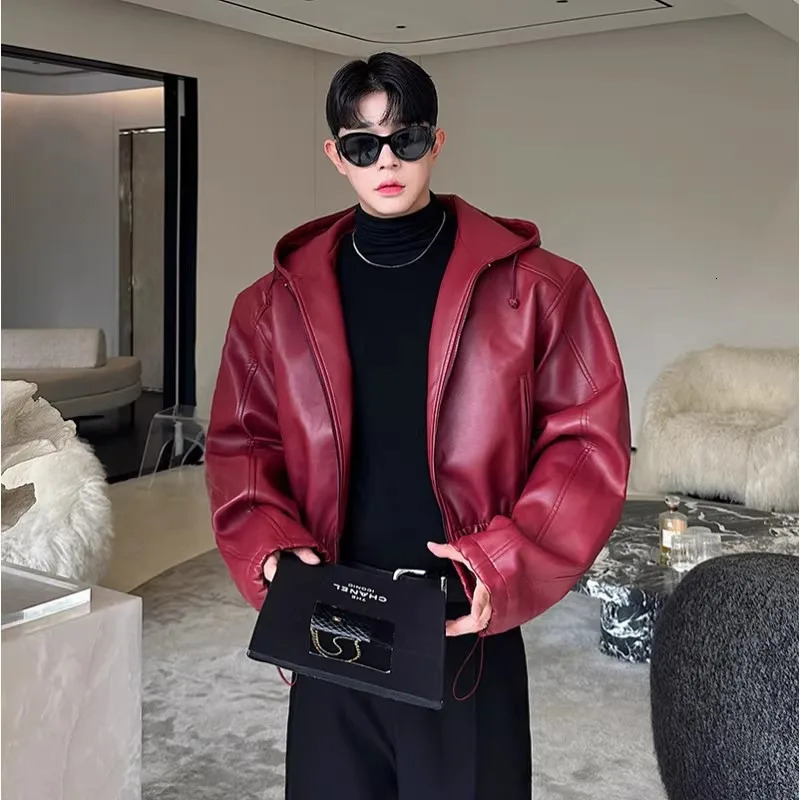 Mauroicardi Spring Autumn Short Waterproof Black Pu Leather Jacket Men Hood Zipper High Waist Loose Casual Korean Fashion 260327