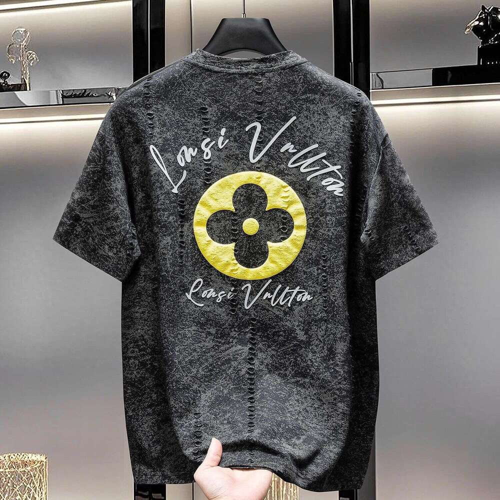 European fashion design distressed printed short-sleeve T-shirt luxury summer round neck loose trendy versatile half-sleeve shirt
