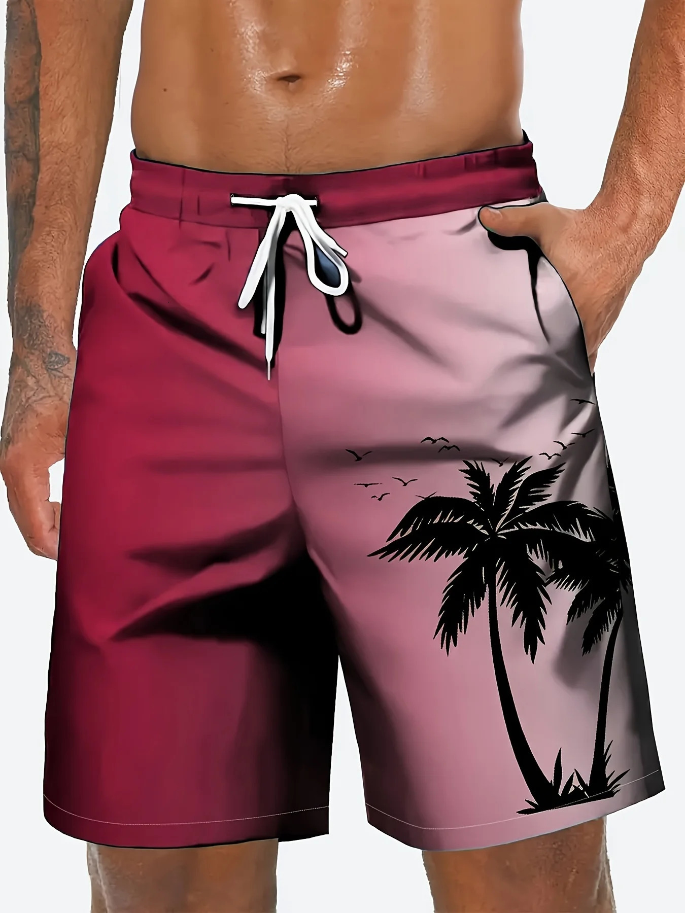 2026 Harajuku-Style Coconut Tree Print Beach Shorts Summer Mens Palm Tree Gradient Surf Shorts Hawaiian-Inspired Cool Trunks 260327