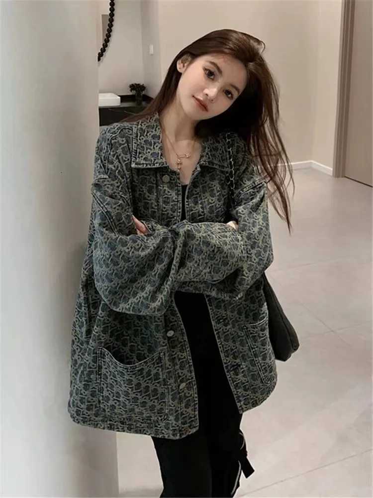 Women Denim Coats Print Single Breasted Coat Casual Turn Down Collar Y2k Streetwear Jackets Splice Jacket 2025 Vintage SpringT260328