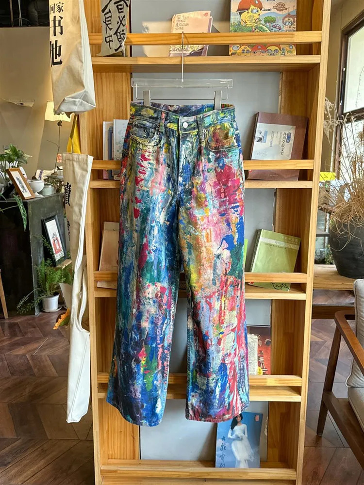 Ropa Y2K Streetwear Graffiti Painting Baggy Jeans Pants For Men Clothes Colorblock Wide Leg Denim Trousers 260326