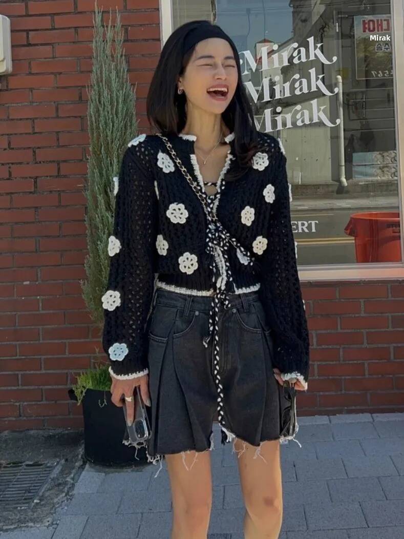 Chic Autumn Heavy Embroidery Long Sve Knitted Open Cardigan Women's Jaet Hollow out 3D Flower Design Commute Sle Faion