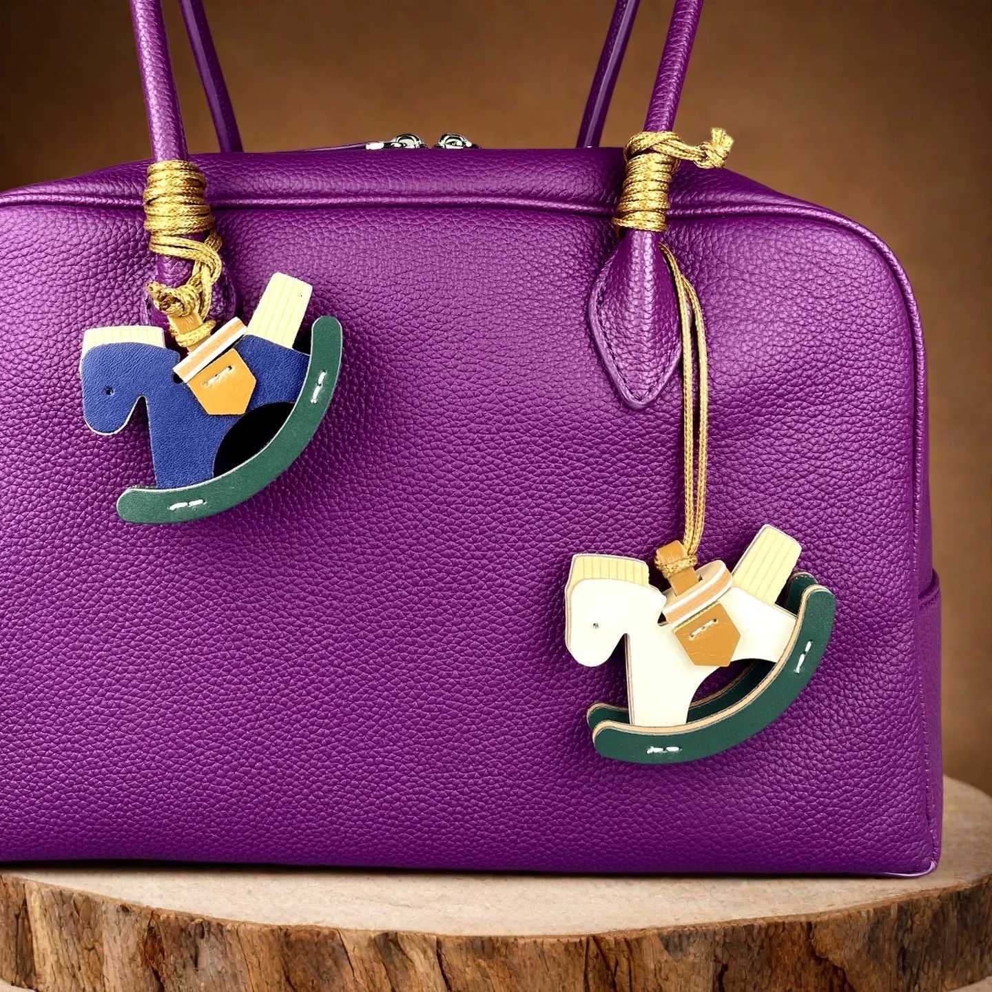 3D Thick Hard PU Leather Rocking Horse Pendant Bag Charm with Long Rope Cute Keychain Decoration Premium Leather Piece Assembled Z260330