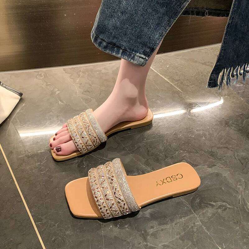 Women Bling Rhinestone Decor Slide Sandals Summer Fashion Casual Outdoor Office Party Elegant Sexy 2026 New Light Flats Beige