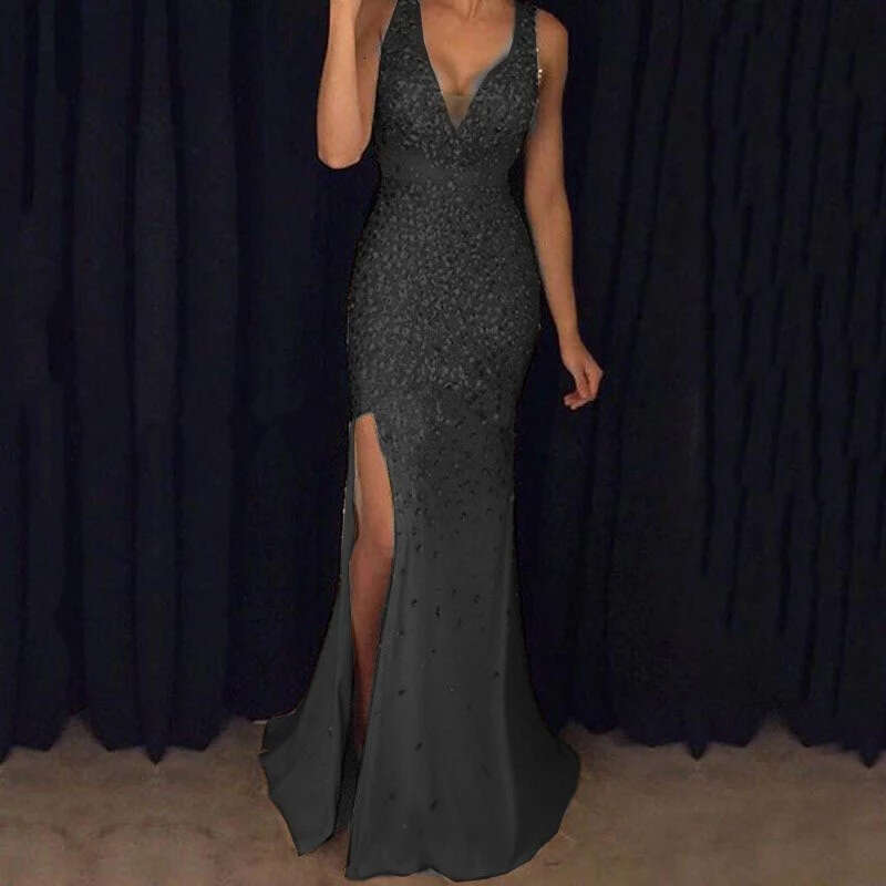 2026 New European and American Foreign Trade Cross-Border Slit Gold-Embossed Long Dress Evening Gown