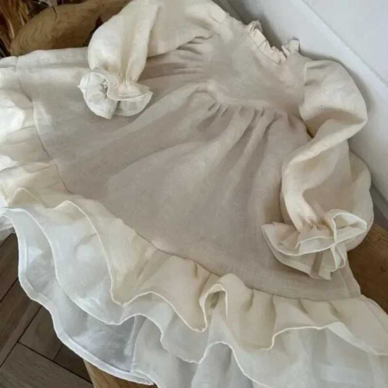 8383 Baby Girls Dress Children Dress Cotton Linen Splicing Girls Dress Leisure Princess ClothesT260330
