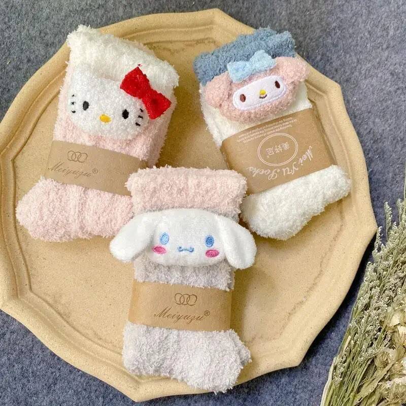 Designer Kawaii Hello Kitty Kuromi Plush Socks Coral Velvet Socks Plush Stuff Things Cinnamoroll Melody Plush Sock Winter Warm Sock Gifts