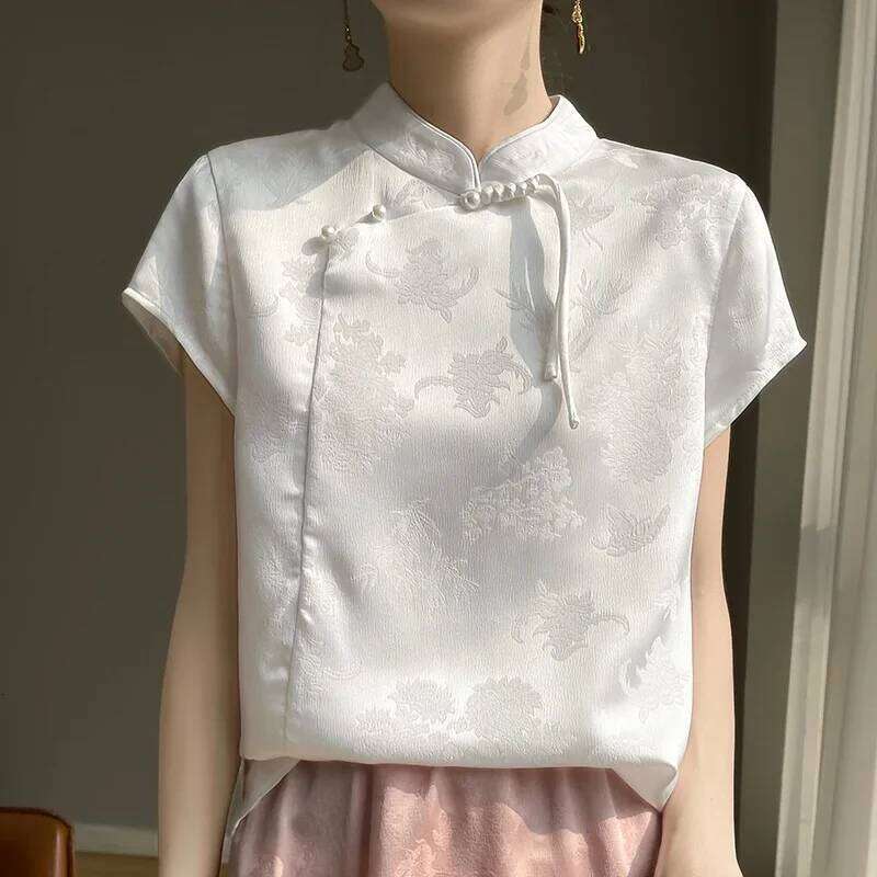 New Chinese Style Short Sleeve Shirt Women's Retro Reformed Acetate Satin Floral Embroidery Top Button Decorated Qipao Cheongsam MAKOUFEI