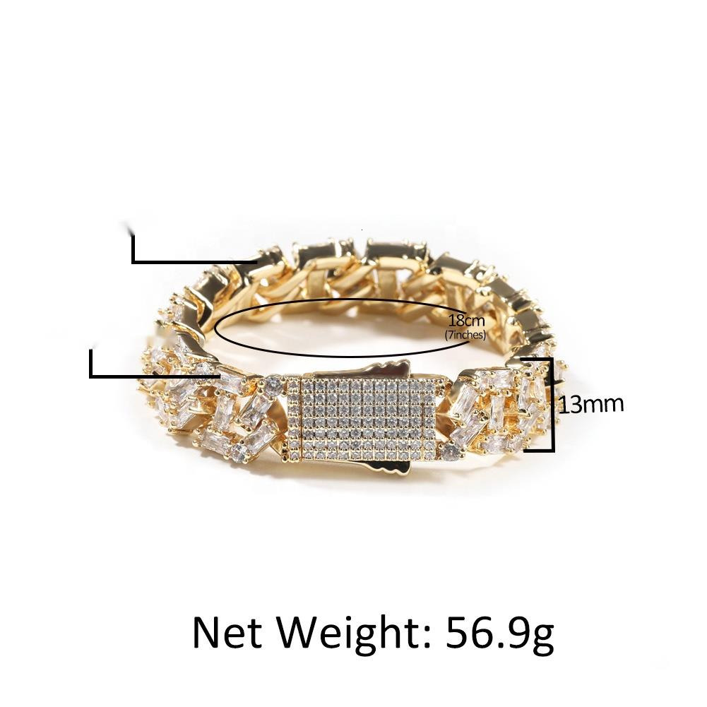 Hot Sale Ins 18K Gold Plated Cuban Bracelet 13mm Cuban Link Chain Iced Out Rectangle CZ Hip Hop Jewelry Men Silver Gold Bracelet