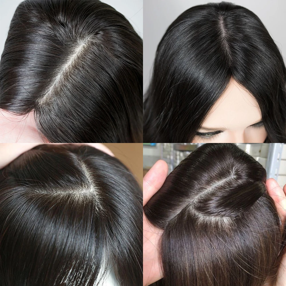 100 % Human Hair Darkest Brown Full Thin Skin Base Topper with Front Hair Line for Thinning Hair Female