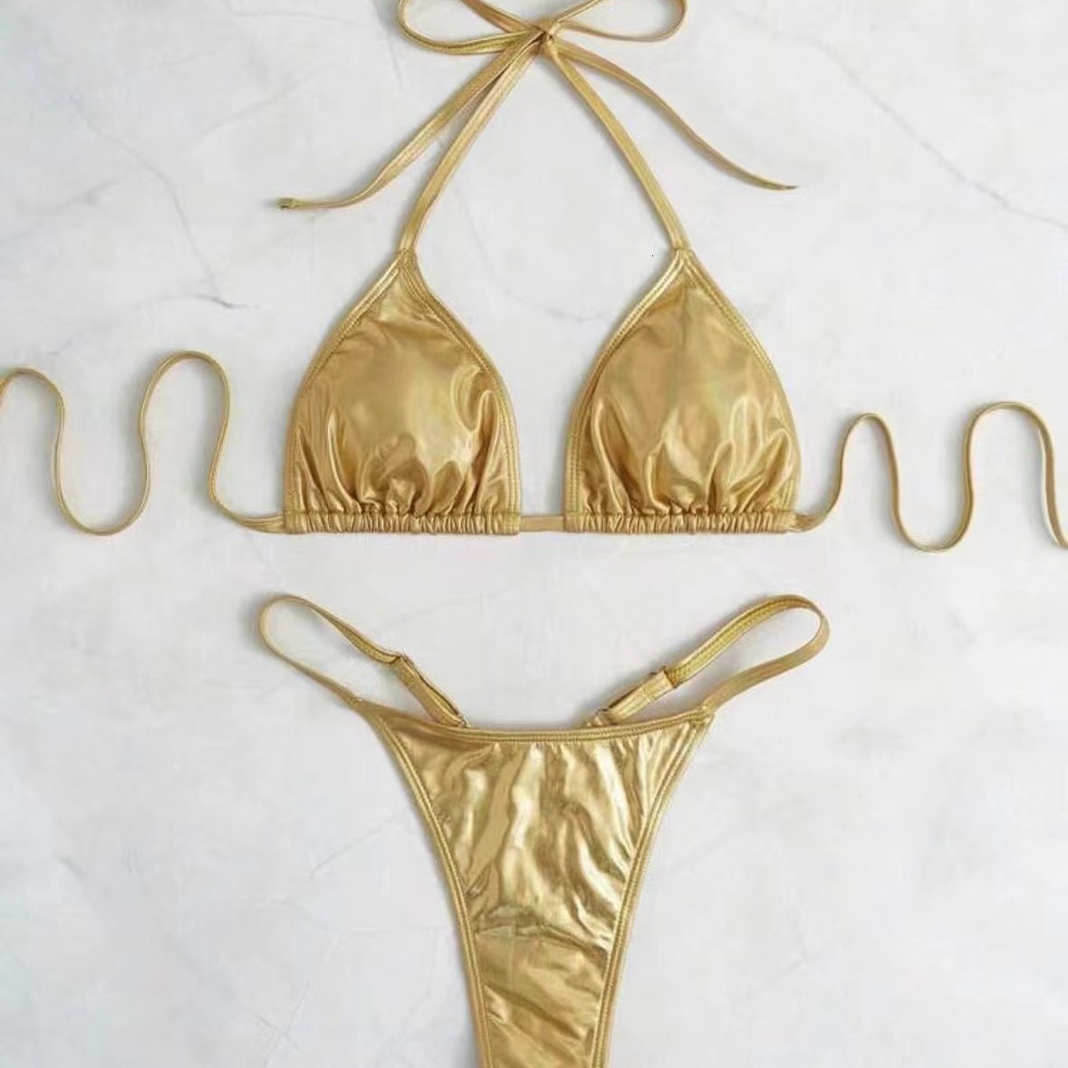 Free Shipping High Value Metallic Gold Bikini Set for Women Shiny Triangle Two Piece Swimsuit Thong Bathing Suit