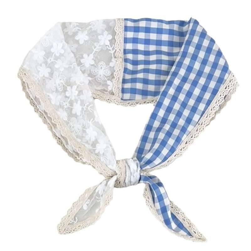 N-Style New Plaid Patchwork Lace Diamond-Shaped Scarf, Sweet And Girly Atmosphere Headscarf, Photo Decoration, Vintage Silk Scarf Qian Pan