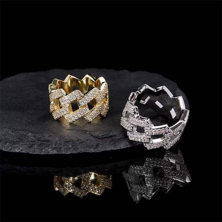 Fashion Hip Hop Fully Paved Moissanite Engagement Ring Cuban Link Ring Unisex