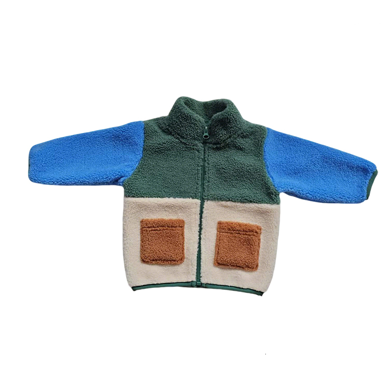 Baby Boys Color Block Sherpa Jacket, Green Blue Beige Fleece Zip-Up Coat with Pockets