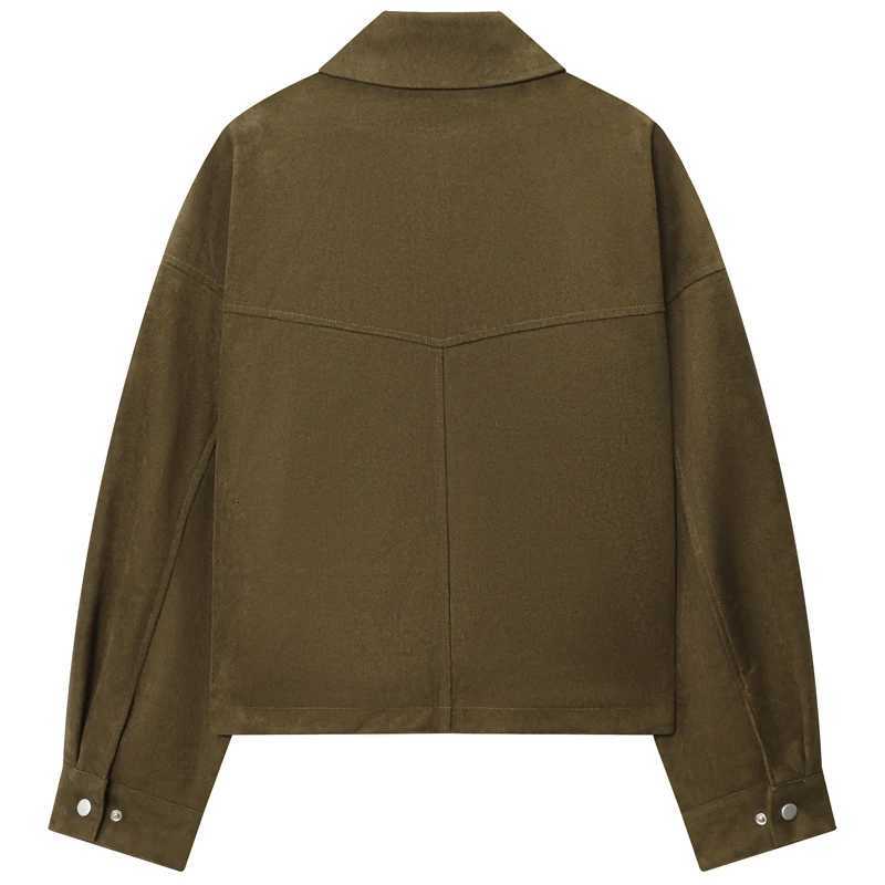 HXAO Green Faux Suede Jacket Womens Bomber Jacket Autumn 2025 New In Coats Jackets Chic Elegant Pockets Long Sleeve OuterwearT260328