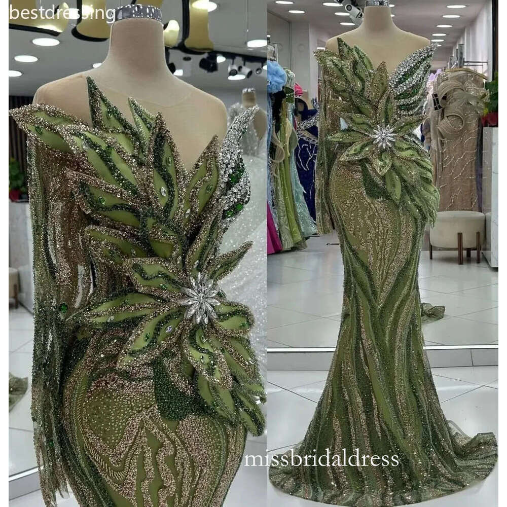 2025 Plus Size Olive Green Prom Dresses Special Occasions Florals Rhinestones Sequined Evening Party Birthday Gowns Dress For Women Vestidos De Novia 