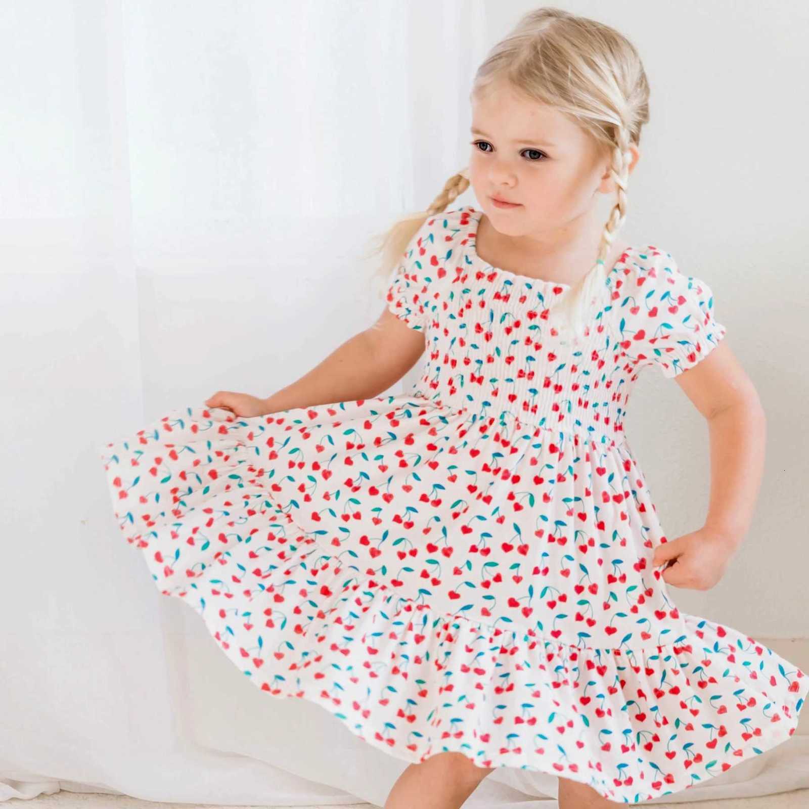 Kids Dress Baby Girls Clothes Short Sleeve 3 4 5 6 7 Y Summer Fashion Cute Casual Floral Love Printed Birthday Gift For KidsT260330