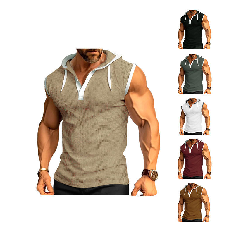 European and American cross-border Amazon 2024 summer new men's vest heavy-duty hooded sleeveless T-shirt trendy casual wear
