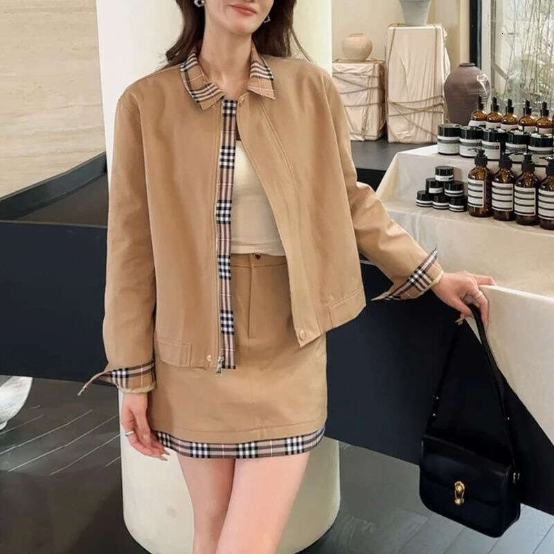 Elegant Plaid Patchwork Suit For Women Spring Autumn Short Trench Coat Jacket And High Waisted Skirt Two Piece Set Luxury