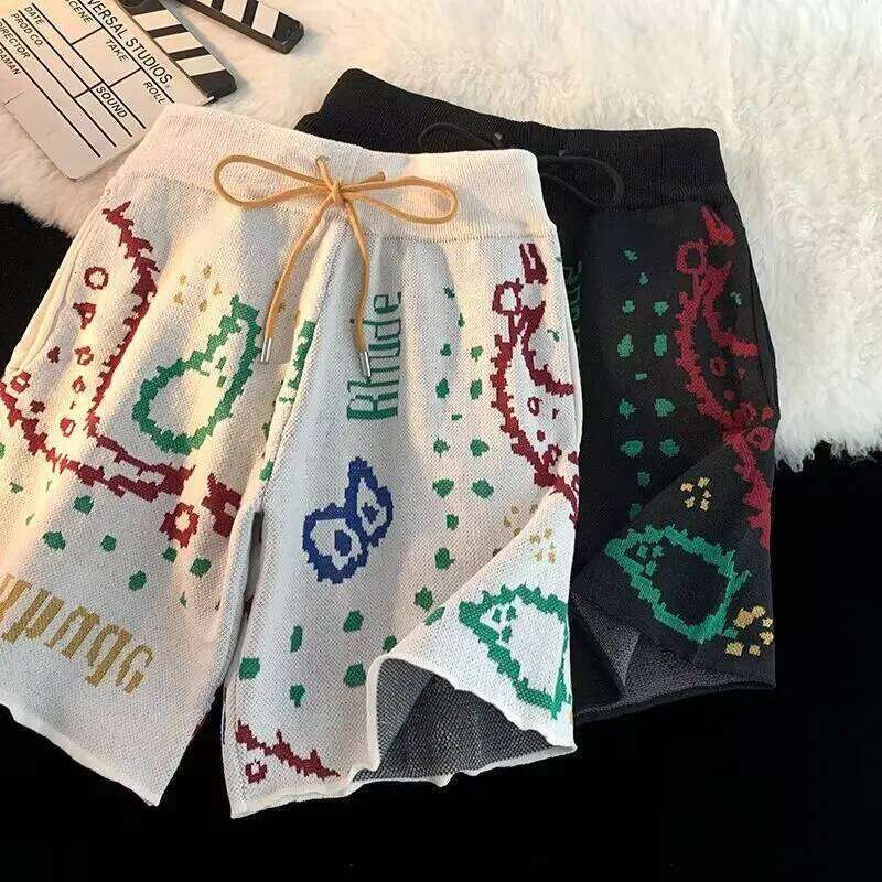 Y2k Cashew Flower Knitted Men Women Drawstring Loose Five Quarter Pant Summer American Vintage High Street Casual Shorts