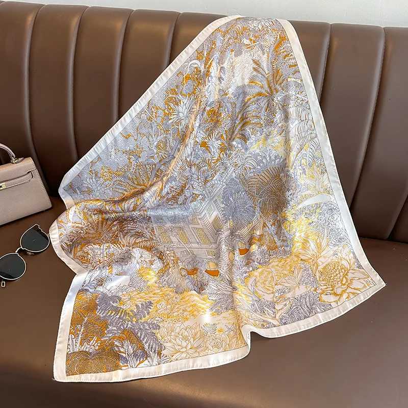 Bohen Style Floral Print Wens Square Silk Scarf Satin Wrap Tropical Leaf Flower Design Scarves Bandana Hijab X260328