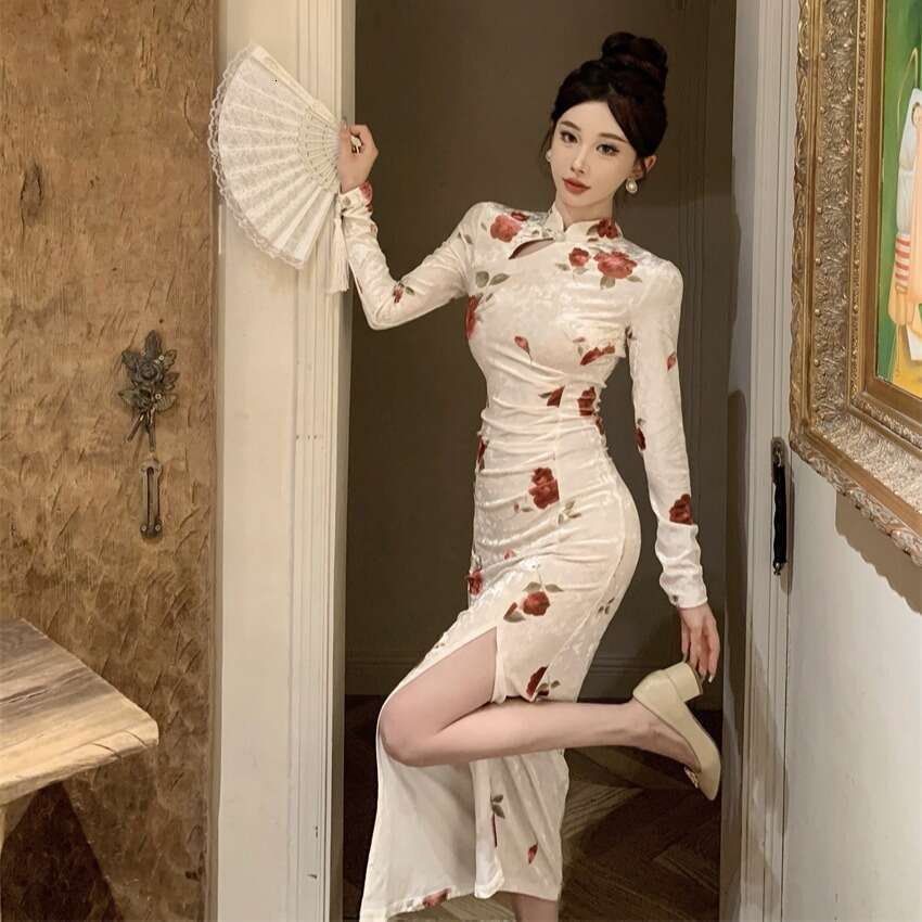 New Elegant Velvet Print Contrast Color Slim Waist Bodycon Skirt Chinese Style Modified Cheongsam Dress Qipao Hanfu Silk