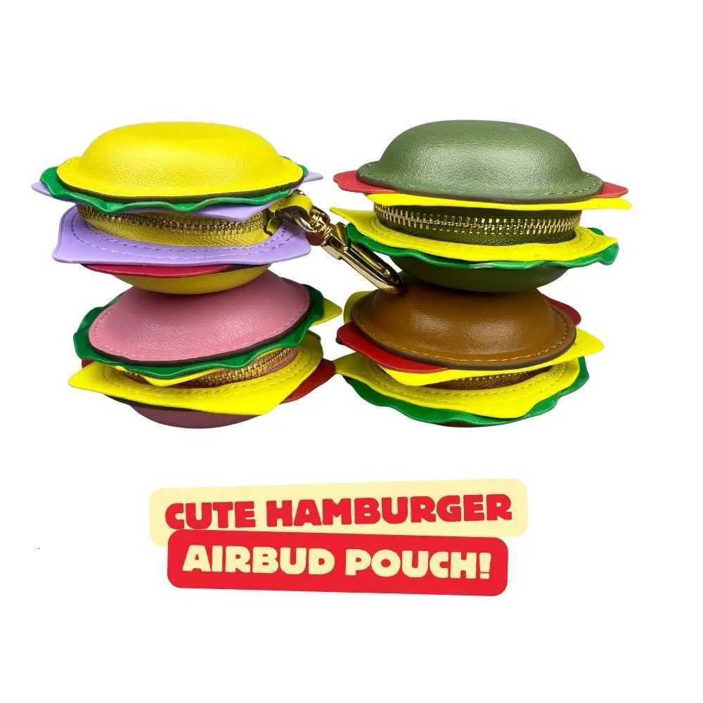 Hamburger Real Leather Coin Purse Earphone Case - Handmade Premium Leather Keychain with Metal Clip for Bag Charm-Ideal Gift Z260330