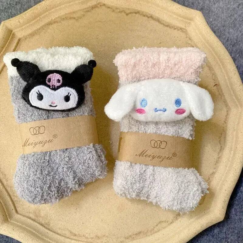 Designer Kawaii Hello Kitty Kuromi Plush Socks Coral Velvet Socks Plush Stuff Things Cinnamoroll Melody Plush Sock Winter Warm Sock Gifts