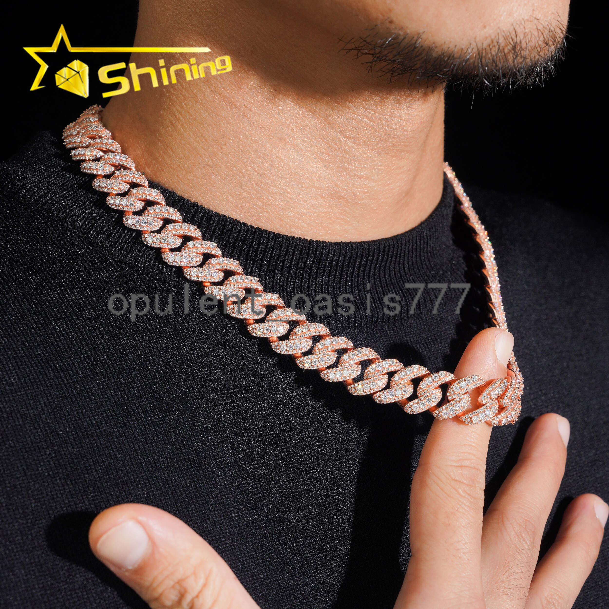 Hot Selling 15mm Width Moon Shape 925 Silver Cuban Chain Moissanite Hip Hop Jewelry Custom Moissanite Cuban Link for Men